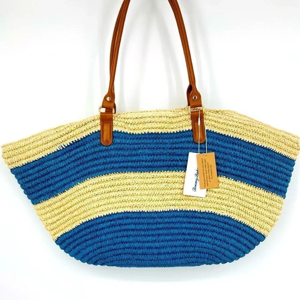 NWT Tommy Bahama Handwoven Crochet Striped Large Tote Bag